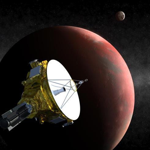 Artist's conception of the New Horizons spacecraft flying past Pluto and Charon