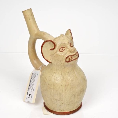 Moche IV ceramic stirrup spout bat form effigy vessel